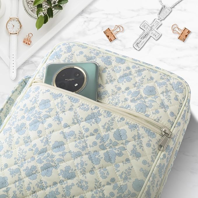 WOBAGMEN Bible Cover Case for Women,Large Bible Tote Bags Organizer Quilted Carrying Case for Girls,Bible Study Supplies Accessories Christian Gifts for Women (Blue Floral, M)
