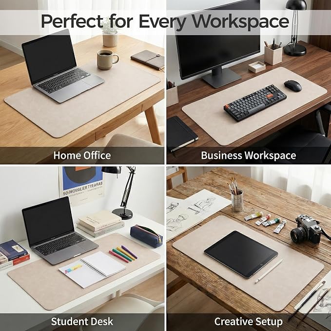 Premium Faux Leather Desk Mat & Tray Set，Innovative Cork-Look Printed Base，Gift Tube Packaging，Full-Desk Coverage，Non-Slip Desk Pad for Office Home（Warm Beige）