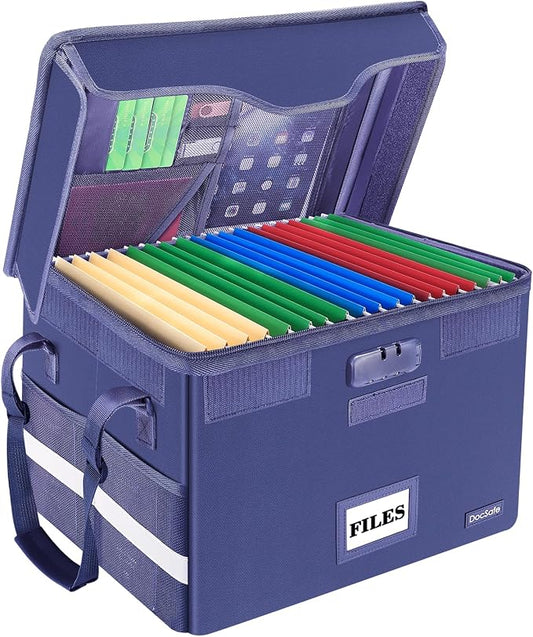 DocSafe Fireproof Document Box with Lock, File Storage Organizer with Mesh Pockets, Collapsible Portable File Box Home Office Safe Filing Cabinet with Handle for Hanging Letter/Legal Folder, Blue