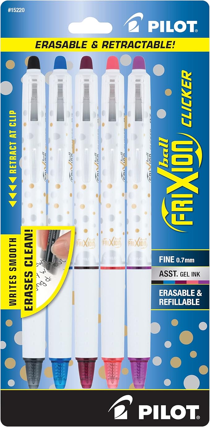 PILOT FriXion Clicker Erasable Design Collection Dots, Refillable & Retractable Gel Ink Pens, Fine Point (0.7mm), Assorted Ink, 5-Pack (15220)