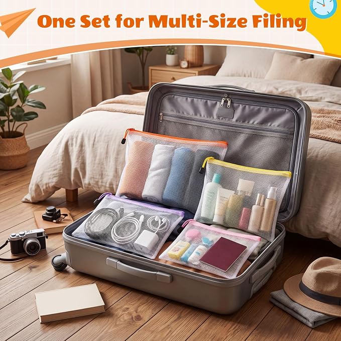 Handepo 200 Pcs Multisize Mesh Zipper Pouch Bulk 8 Sizes Plastic Zipper Bags, 8 Color Waterproof Mesh Pouch Multipurpose for Travel School Graduation Supplies Office Appliances Home Organization
