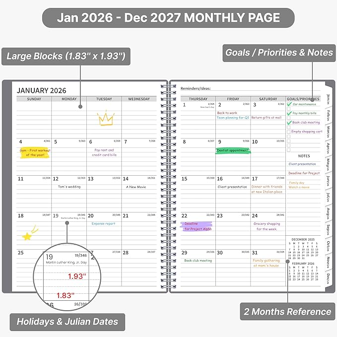 2026-2027 Monthly Planner, 2 Year Calendar Planner, Jan 2026 - Dec 2027, 8.5’’ x 11’’, Large Spiral Agenda, 24 Months, with Tabs ＆Pocket, Flexible Cover, Organizer for Office Home School, Grey