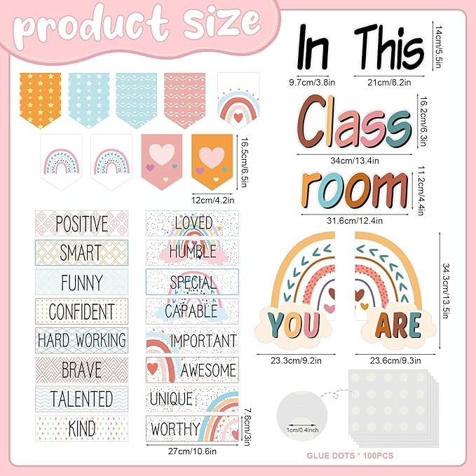 31 Pcs Bulletin Board Decorations Set Boho Classroom Decor Rainbow Motivational Word Wall Bulletin Board Set for Teachers School Chart Wall Supplies