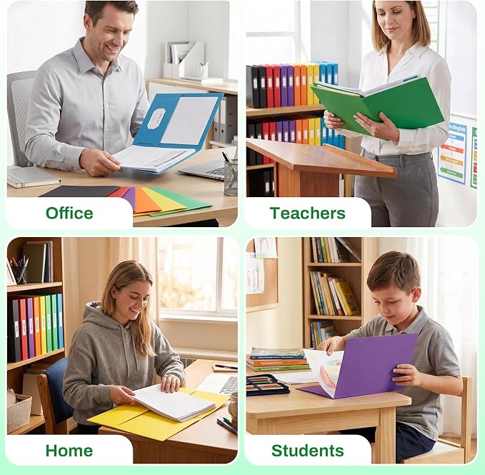 SUNEE Two Pocket Folders, 50 Pack File Folders with Business Card Slot, Textured Paper, Fit Letter Size Paper, Paper File Folder for School Office Home Business, Green