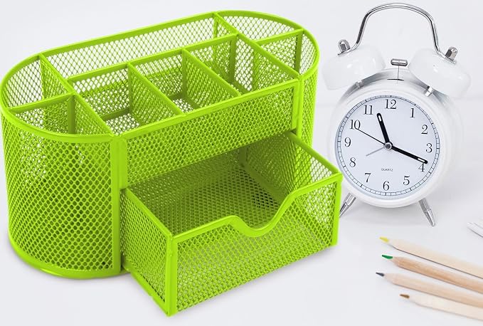GPCT Office School Home/Teacher Supplies Mesh Desk Pen Organizer. Comes W/ 4 Pencil Cups For Highlighters/Pens/Sharpie, 4 Square Compartments For Paper Clips/Sticky Notes & 1 Supply Drawer- Green