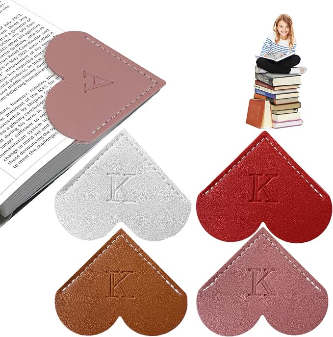 4Pcs Personalized Leather Heart Bookmark with Initial, 26 Letters Custom Corner Page Book Mark for Reading Women, Book Lovers, Teachers, Students, Book Accessories(White+Red+Dark Pink+Dark Brown, K)