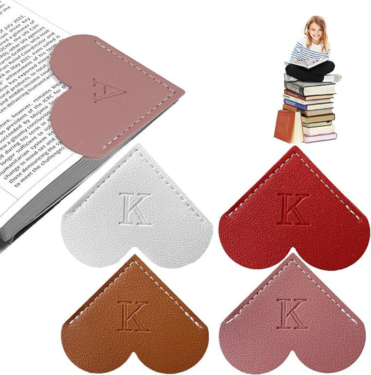 4Pcs Personalized Leather Heart Bookmark with Initial, 26 Letters Custom Corner Page Book Mark for Reading Women, Book Lovers, Teachers, Students, Book Accessories(White+Red+Dark Pink+Dark Brown, K)