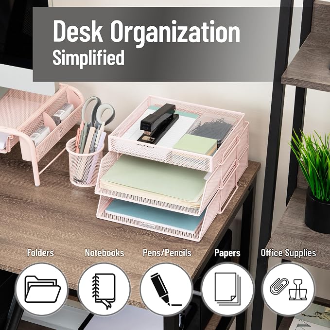 Mind Reader 2 Tier Paper Tray with Top Supply Compartment, Desktop File Organizer, Metal Mesh, Pink