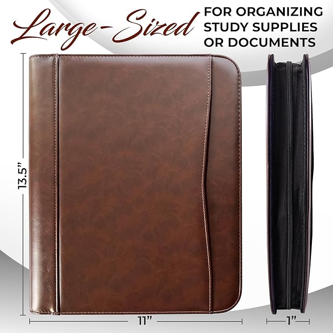 DEHITE Leather Portfolio for Men – Padfolio Case for Men and Women – Brown Bible Notebook Organizer – Pen Slots – Zipper Binder – Premium PU Leather – Feels Like Full-Grain – Office Gift Accessories