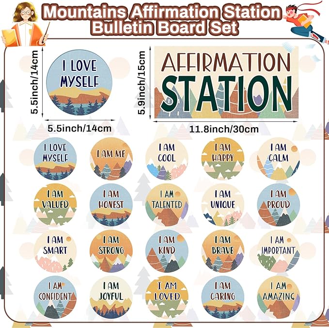 Mountains Affirmation Station Bulletin Board Set Positive Bulletin Board for Classroom Growth Mindset Decoration Inspirational Motivational Accent Cutouts for Home School Teacher Wall Mirror Supply
