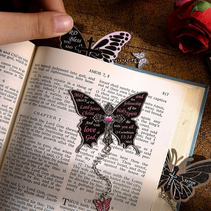 4 PCS Metal Bible Butterfly Bookmarks with Chain, Christian Scripture Inspirational Book Marks for Book Lovers Writers Readers Children Teens for Women Religious Motivational Gift Book Marker Prayer