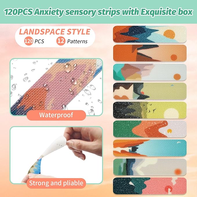 120 Pieces Anxiety Sensory Stickers with 2 Textured Stickers - Desk Fidget and Calming Stickers with Storage Box for Adults & Teens - Anxiety Relief Sensory Strips (Landscape)