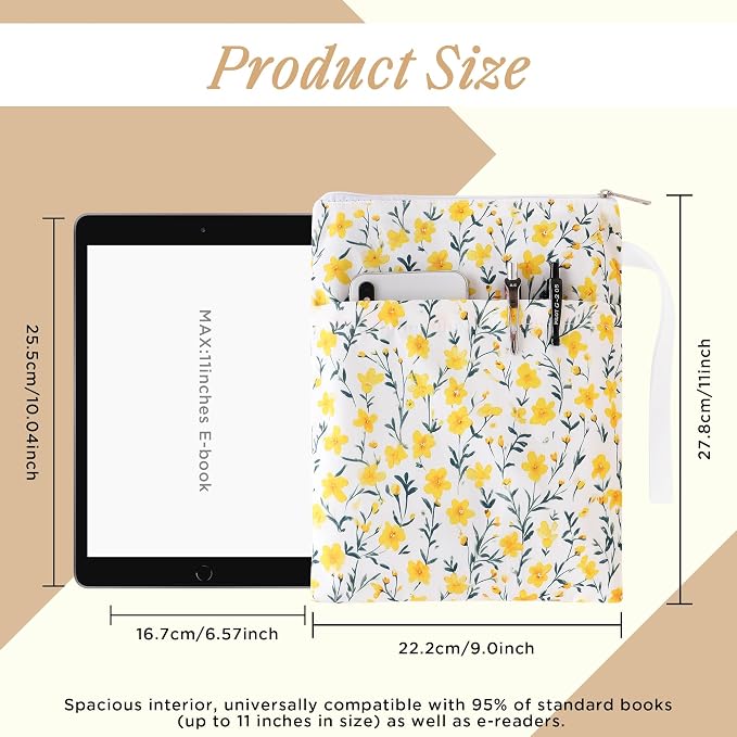 Book Sleeve with Zipper, 11''x 9'' Waterproof Paperback Sleeve for Book Lovers Books Pouch Cover with Handle for Hardcovers Kindle Sleeve for Reader Teacher Women (Yellow flower, 11x 9 inch)