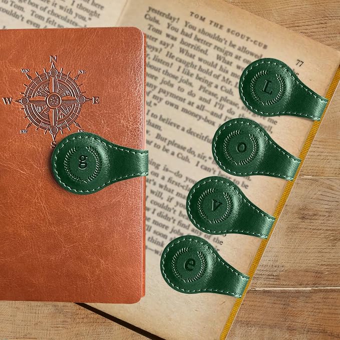 Leather Magnetic Bookmarks, 3D Embossed Alphabet Initial Letter Bookmark, Cute Page Markers for Books, Journals, Planners, Bible, Small Reading Gifts for Women Men, Teachers, Students (Green g)