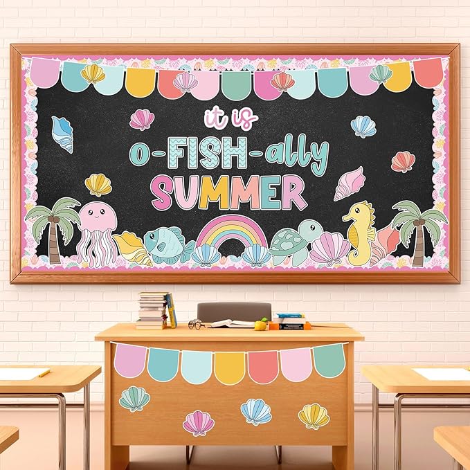 AnyDesign 80 Pcs Summer Ocean Sea Bulletin Board Decoration Cartoon Marine Animal Fish Paper Cutouts with 150 Pcs Glue Points for Tropical Party Classroom Wall Decor