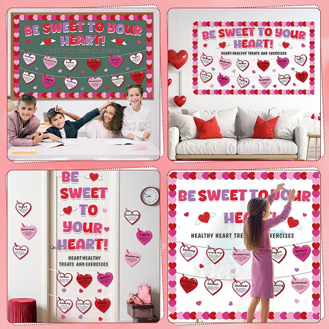 Valentine's Day Heart Health Bulletin Board Set Valentine Sweet to Your Heart Classroom Decoration Healthy Treats and Exercises Bulletin Board Hearts Cutouts for School Home Chalkboard Wall Decor