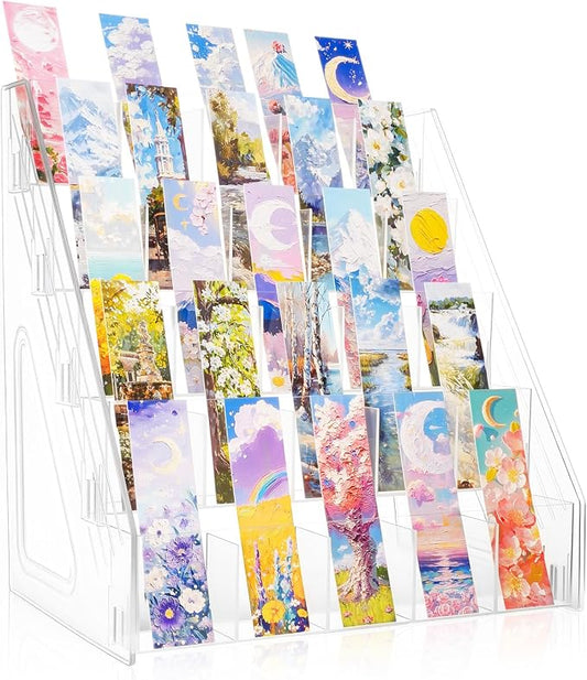 Acrylic Bookmark Display Stand with Divided Pockets, Portable Sticker Holder Tiered Display Stand, Clear Desk Organizer for Home, Retail or Craft Fair Use(25 Pockets, 5 Tier)