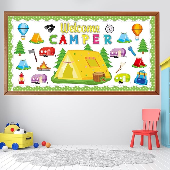 QOUBAI Camping Bulletin Board Set Happy Camper Trim Classroom Border Decorations VBS Tent Vintage Trailers Cutouts Welcome Camper for Back to School Summer Camping Nursery Chalkboard Wall Door Decor