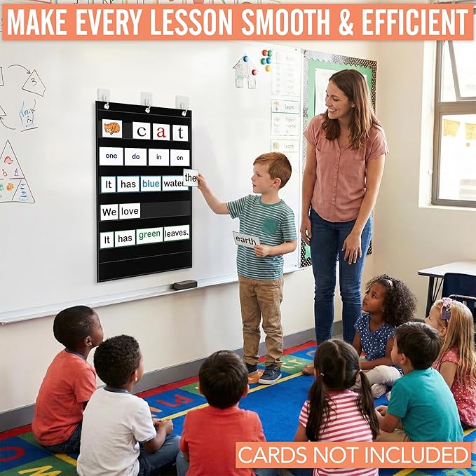 Pocket Chart for Classroom - 5+1 Small Black Pocket Chart for Alphabet Learning Word Wall Calendar Daily Schedule Sentence Strips Sticker Display, Teacher Supplies for Preschool Kindergarten & Home