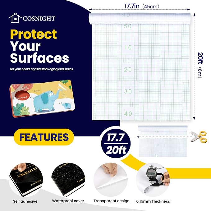 COSNIGHT Clear Contact Paper Peel and Stick for Book Cover Protector 17.7in x 20ft/Roll, Clear Self Adhesive Shelf Liner and Drawer Liner