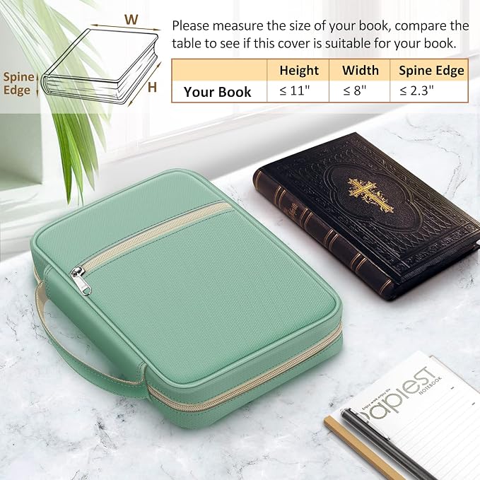 FINPAC Bible Cover, Carrying Book Case Church Bag Bible Protective with Handle and Zippered Pocket, Gift for Mother Lady Women Men, Light Green
