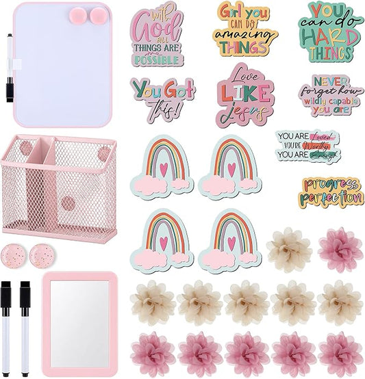 AmazingSpark Magnetic Locker Set with Whiteboard Mirror Erasable Pens Magnetic Pen Holder Refrigerator Magnet Flower and Inspirational Sticker Pink Decoration for Back to School Accessories