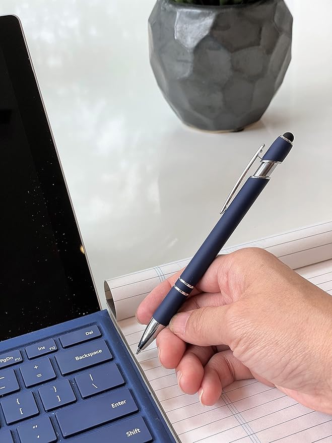 Pack of 5 Rubberized Comfort Soft Touch 2 in 1 Ballpoint Pen Capacitive Stylus Tip, Premium Metal Medium Point, Black Ink, Compatible with Most Touch Screens (Dark Navy Blue)