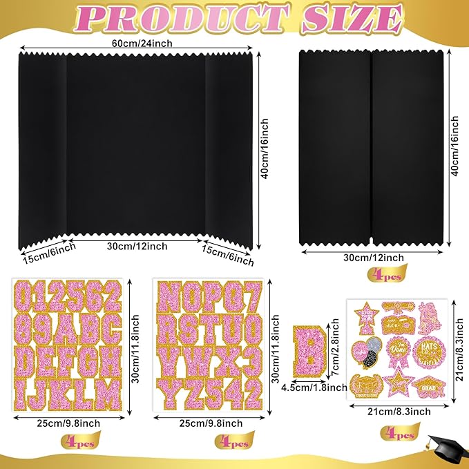 AmazingSpark 4 Sets Graduation Photo Display Board Trifold Poster Board with 12 Graduation Themed Stickers for 2026 Grad Party Decoration Picture Collage Frame Supplies (24 x 16,Pink Gold)