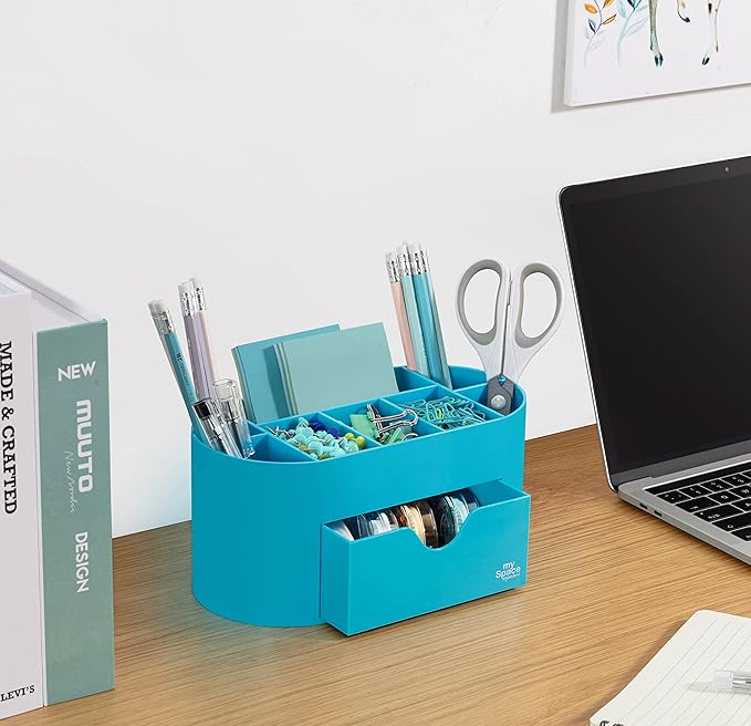 My Space Organizers Blue Desk Organizer for Office Supplies and Desk Accessories - Pen Holder Desktop Organization for Room College Dorm Home School (Blue)