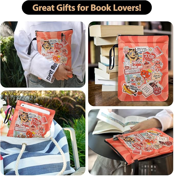 Y2K Style Book Sleeve for Book Lovers, Emotional Support Stickers Bookcover Protector for Paperbacks with Handle Pocket for Reader Bookish, Book Club Gifts for Chritsmas, Reading Accessories for Women