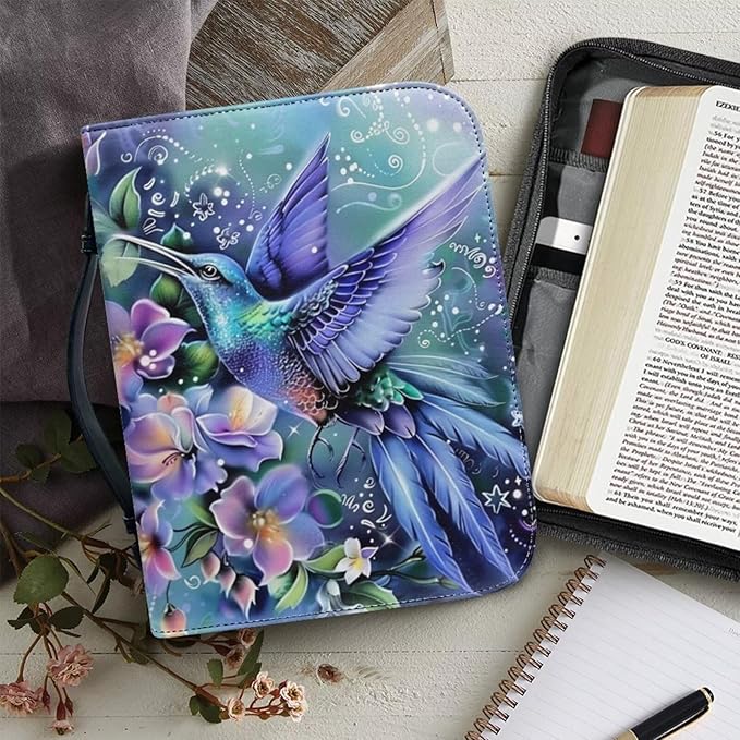 PU Leather Bible Covers for Women Girls,Green Bible Case Carrying Bag Fits Bible Book Accessory,Colorful Hummingbirds and Flowers,Medium