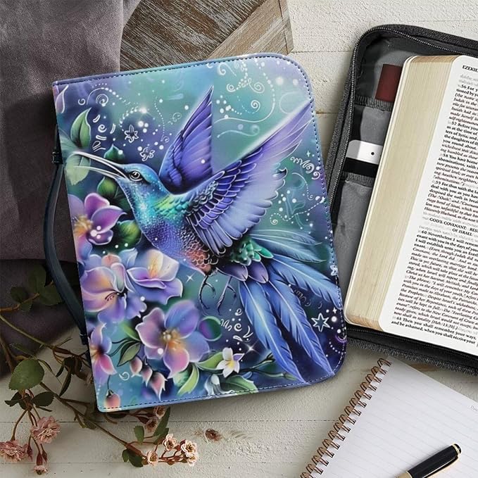 PU Leather Bible Covers for Women Girls,Green Bible Case Carrying Bag Fits Bible Book Accessory,Colorful Hummingbirds and Flowers,X-Large