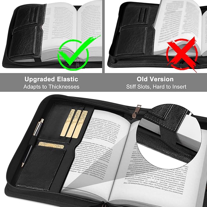 Large Bible Cover Case for Men Women, Mens Bible Covers Cases Leather Bible Cover Carrying Case for Women Men with Handle Zippered Bible Book Cover Holder Bag Case(Black, L)
