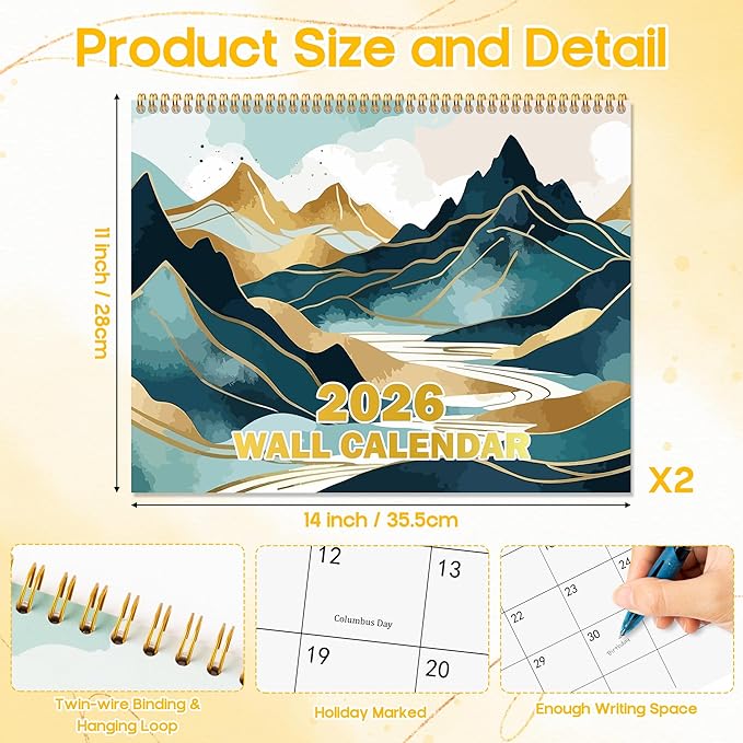 JAPBOR Landscape Illustration Calendar Mountains - 2PCS 2026 Nature Scenic Wall Monthly Calendar for Home Office Organizing & Planning, 12 Months Hangable Golden Hill Photography Vacation Gifts