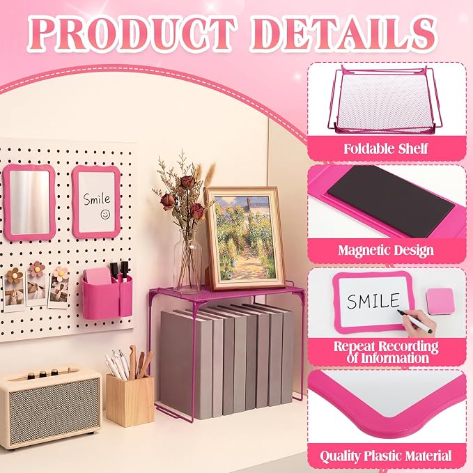 Colarr 16 Pcs Rose Red Locker Accessories for Girls Includes Magnetic Whiteboard & Mirror Locker Shelf Pen Holder 2 Dry Erase Marker & Eraser 9 Flowers for Back to School Essentials Decoration