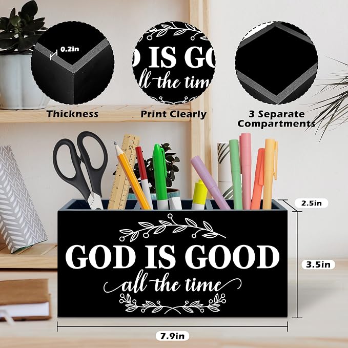 Christian Bible Verse Pen Holder, God Is Good All the Time Christian Office Pen Pencil Holder Organizer for Desk Accessories, Religious Wooden Box Desk Decor for Home Office Desk Decorations
