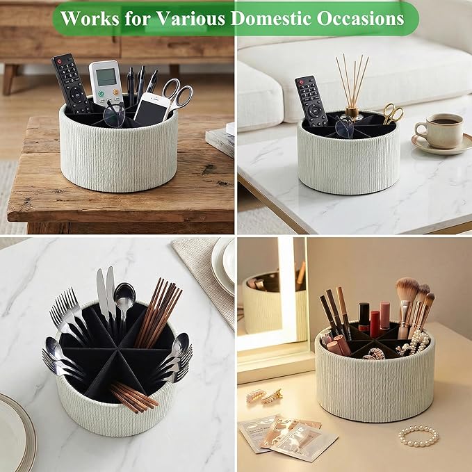 Remote Control Holder, 360°Spinning PU Leather Desk TV Remote Caddy,Desk Storage Box Room Accessories for Controller, Media,Mail,Calculator, Mobile Phone,Pencil(1-Big Wood Beige)