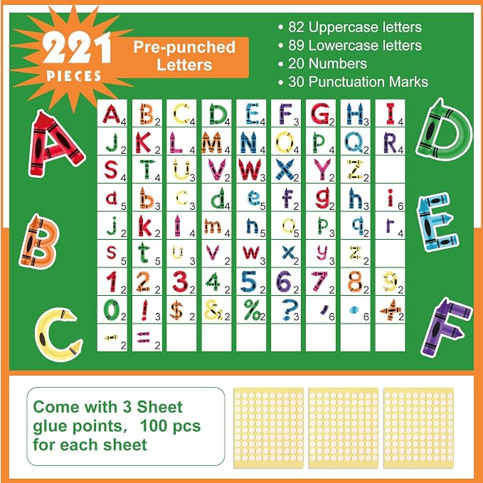 221 Pcs Crayon Bulletin Board Letters, Round Alphabet Number Punctuation Symbol Combo Letter Cutouts, Colorful Classroom Decoration for Summer School Chalkboard Whiteboard Poster Wall