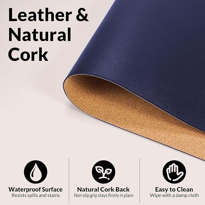 AFIING Cork Desk Mat, Sapphire Blue, 35.4" x 17" | Natural Cork & PU Leather, Non-Slip, Waterproof, Large Mouse Pad for Office, Home & Gaming