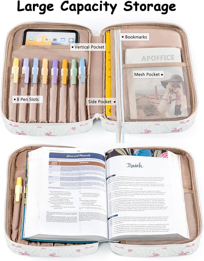 Quilted Bible Cover Case for Women, Large Bible's Bag with Pockets & Handle, Bible Carrying Case Organizer for Bible Study Supplies, Christian Gifts, Fits Large & Small Bibles