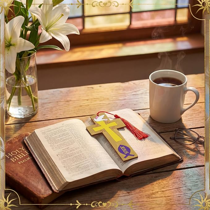 AmazingSpark 100 Pcs Christian Cross Coloring Bookmarks Bulk Wooden DIY Crafts, 50 Set Religious Bookmarks with Tassel for Church Gift, Sunday School, Baptism, First Communion Party Favors