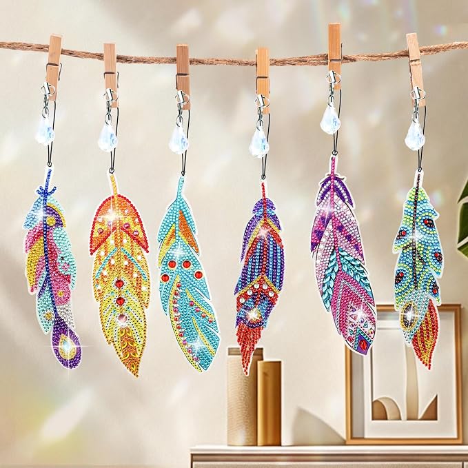 12 Pcs Diamond Painting Bookmark, Crystal DIY Book Makers for Book Lovers, Diamond Art Beginners, Small Diamond Art Kits with Pendant, Paint by Art Crafts Gift for Women Girls (Feather)