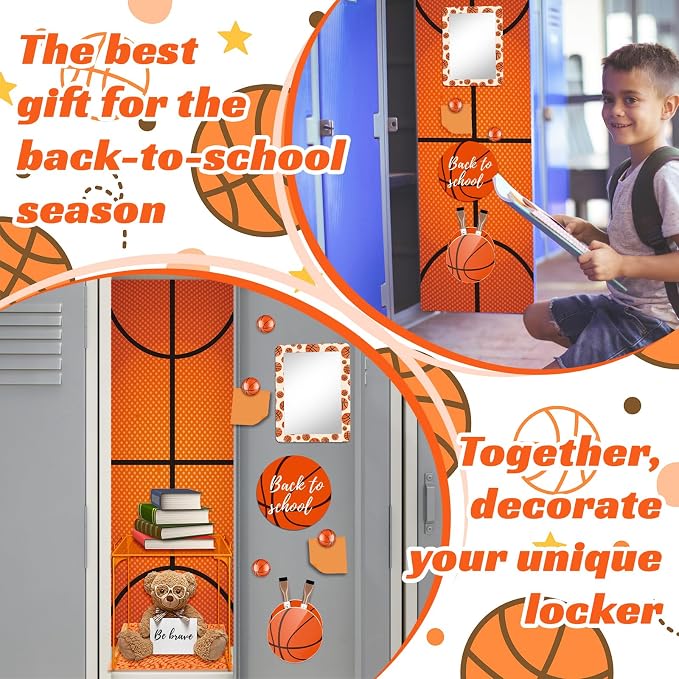 Demonwer 14 Pcs Locker Accessories Kit Basketball Themed Locker Organizer Magnetic Whiteboard Mirror Pen Holder Basketball Stickers for Back to School Essentials Locker Decorations