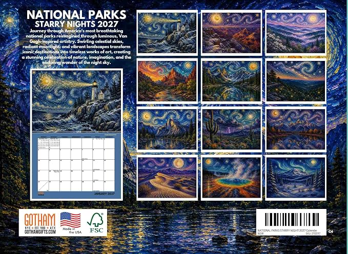 National Parks Starry Night Van Gogh Style Calendar 2027 Monthly Wall Calender 12 Month