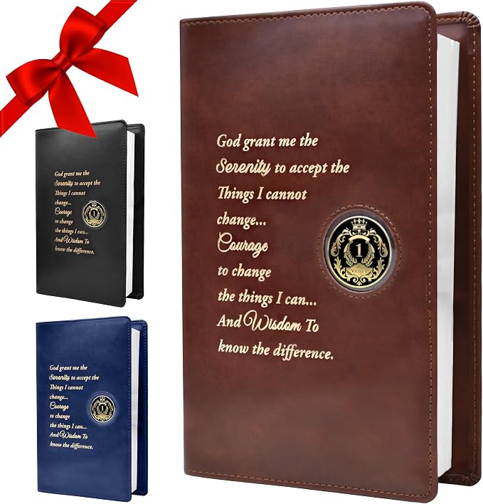 GALILEO® Single AA Big Book Cover with Coin Holder | PU Leather | AA Book Covers for Hardcover | AA Gift | Alcoholics Anonymous | Luxury Design (Single/Serenity Prayer/Brown)