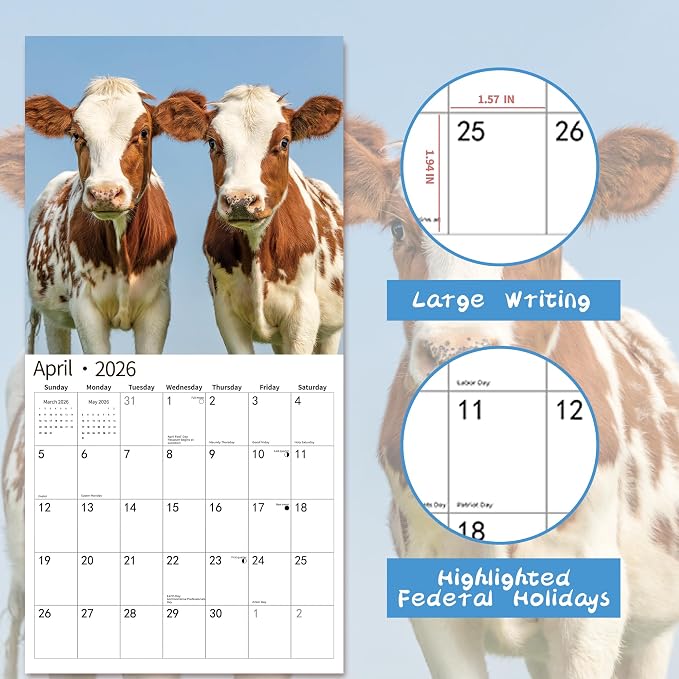 2026 Wall Calendar,Calendar 2026, November 2025 - December 2026, Wall Calendar Cows, 12" x 24" Opened,Full Page Months Thick & Sturdy Paper for Calendar Organizing & Planning