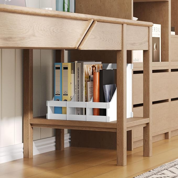 Bamboo Desktop Magazine Holder Desk File Organizer 3 Compartments Vertical File Dividers Book Holder Frames Document Cabinet Rack Storage Organizer Box for Home Office School Black (White)