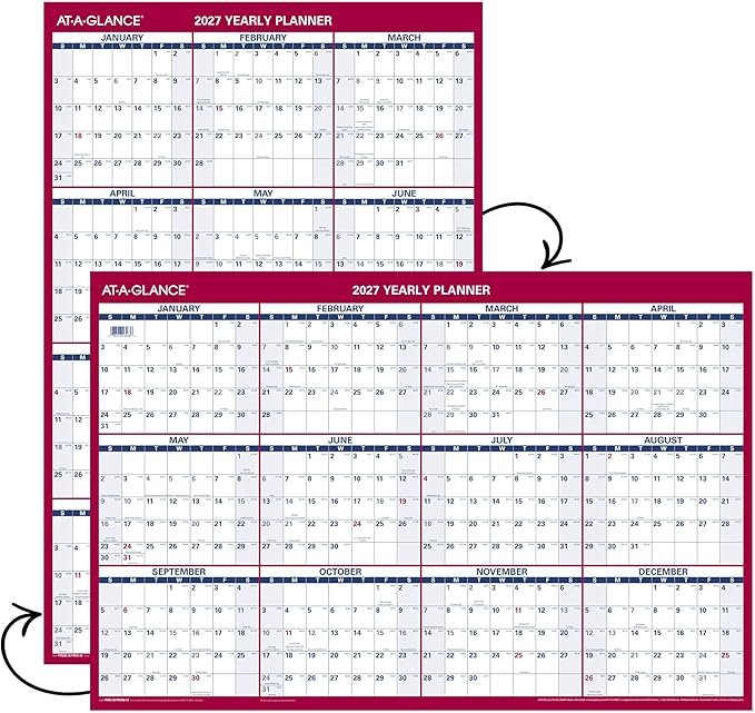 AT-A-GLANCE 2027 Erasable Calendar, Dry Erase Wall Planner, 36" x 24", Vertical-Horizontal, Reversible, Includes Marker (PM262827)