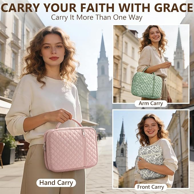 Bible Cover Case for Women Large Bible Bag, Bible Study Supplies Journaling Kit Quilted Church Bag with Handle, Puffer Book Carrying Case w/Tabs Accessories Kit Christmas Christian Gifts for Women Mom