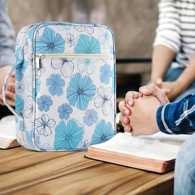Bible Cover with Durable Handle, Carrying Book Case Church Bag Bible, Protective with Zippered Pocket, Bible Study Accessories Supplies, Book Protector for Book Lovers, MistyBlue